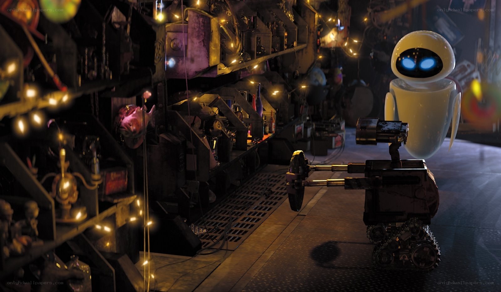 Wall-E and Eve in a junkyard