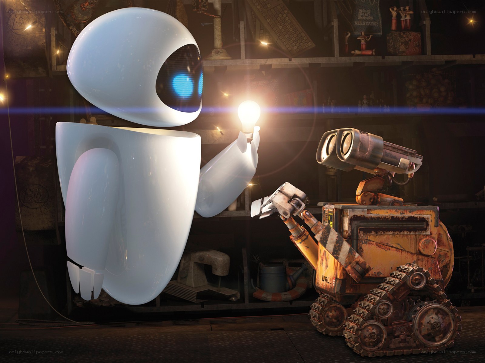 Wall-E and Eve in a junkyard