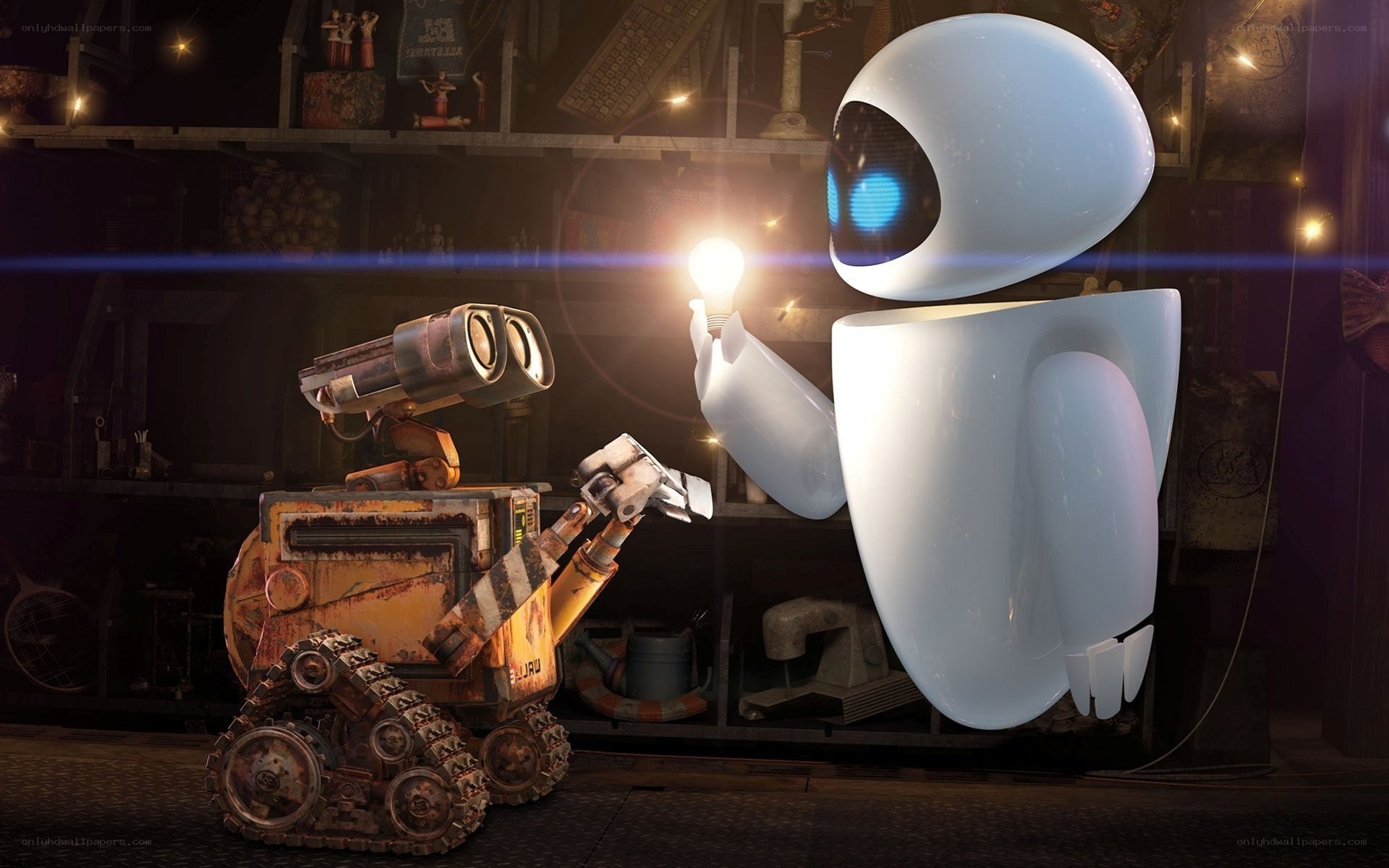 Wall-E and Eve in a junkyard