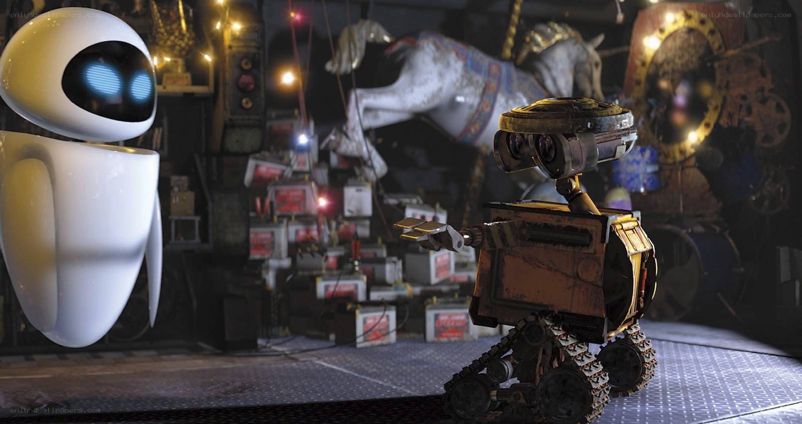 Wall-E and Eve in a junkyard