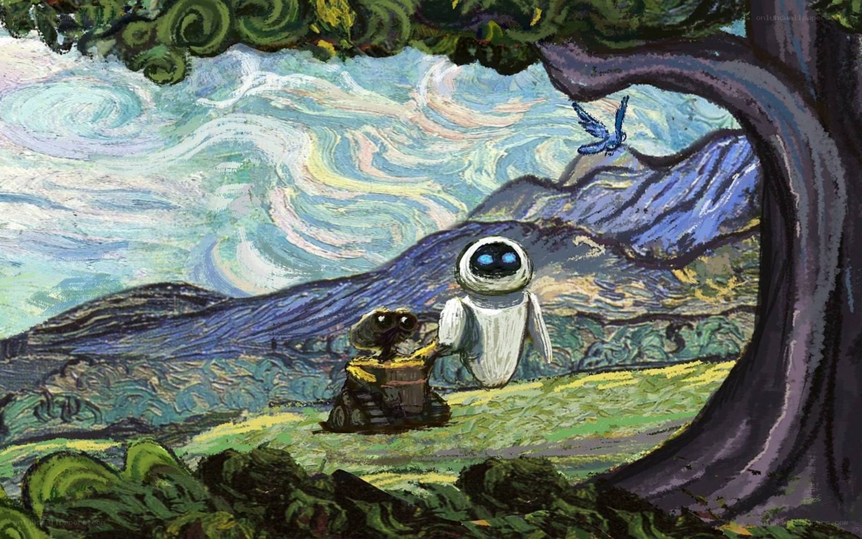 Wall-E and Eve in a Van Gogh landscape