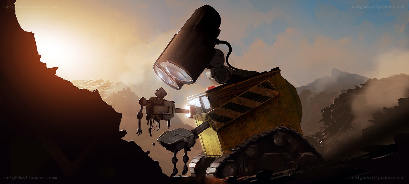 Wall-E and Eve in a wasteland