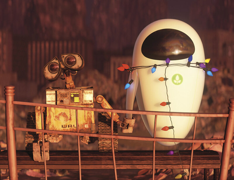 Wall-E and Eve on a bench