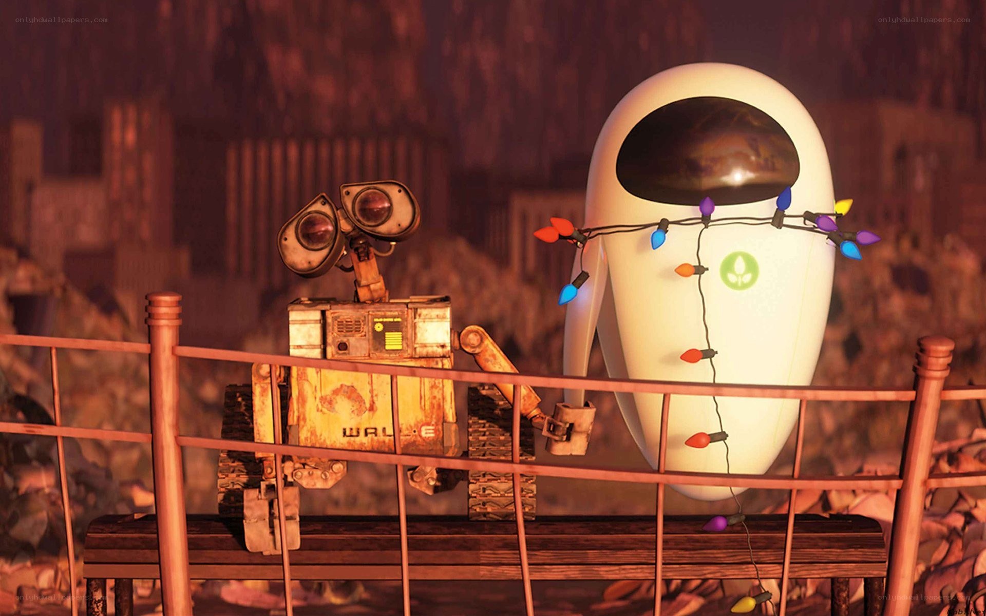 Wall-E and Eve with Christmas lights