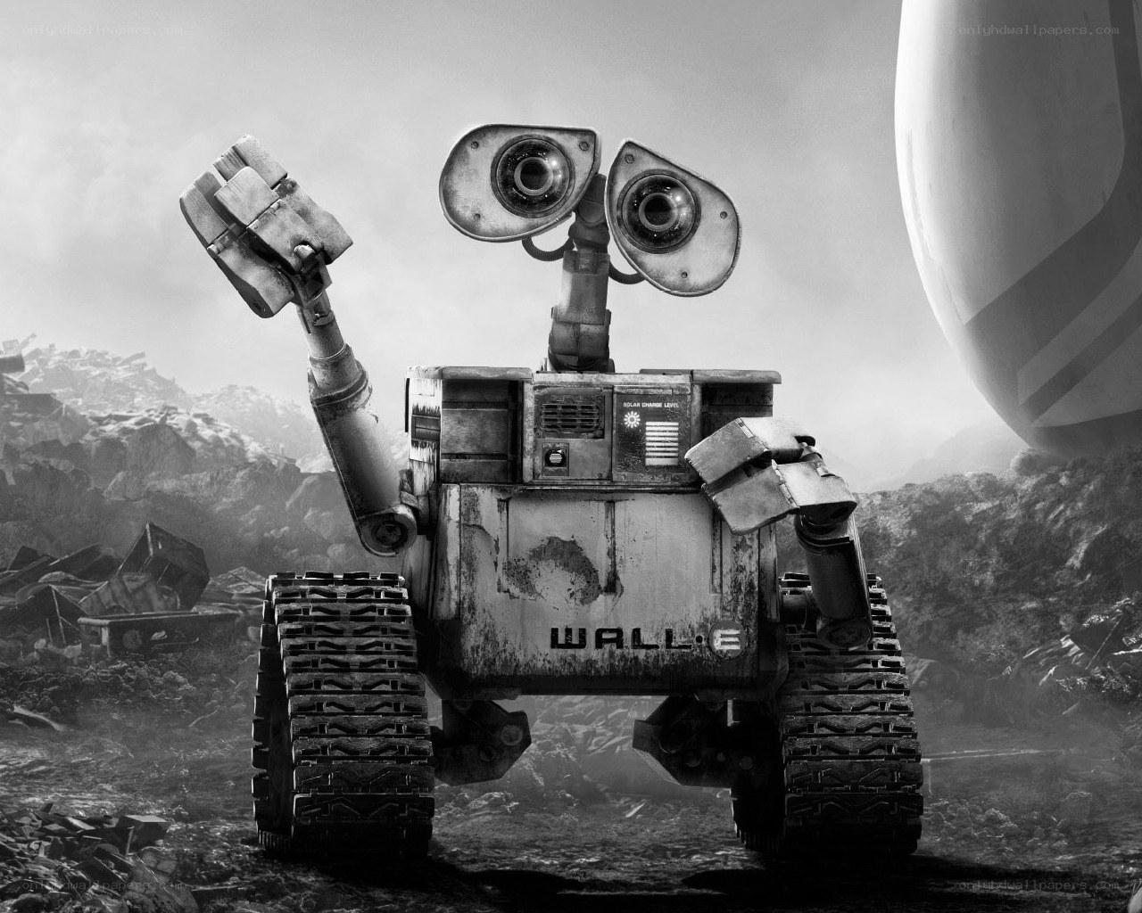 Wall-E in a desolate landscape