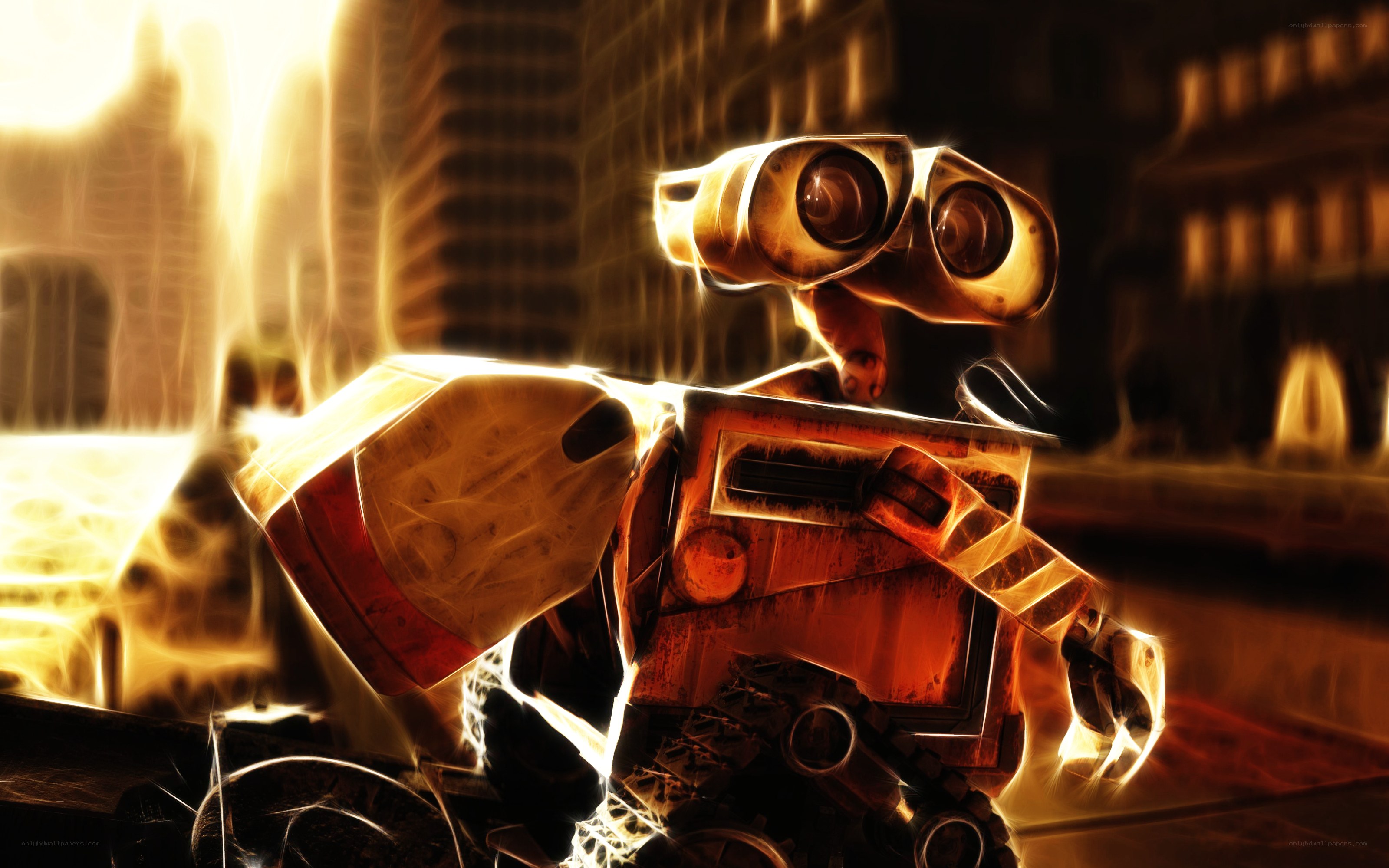 Wall-E in a glowing city