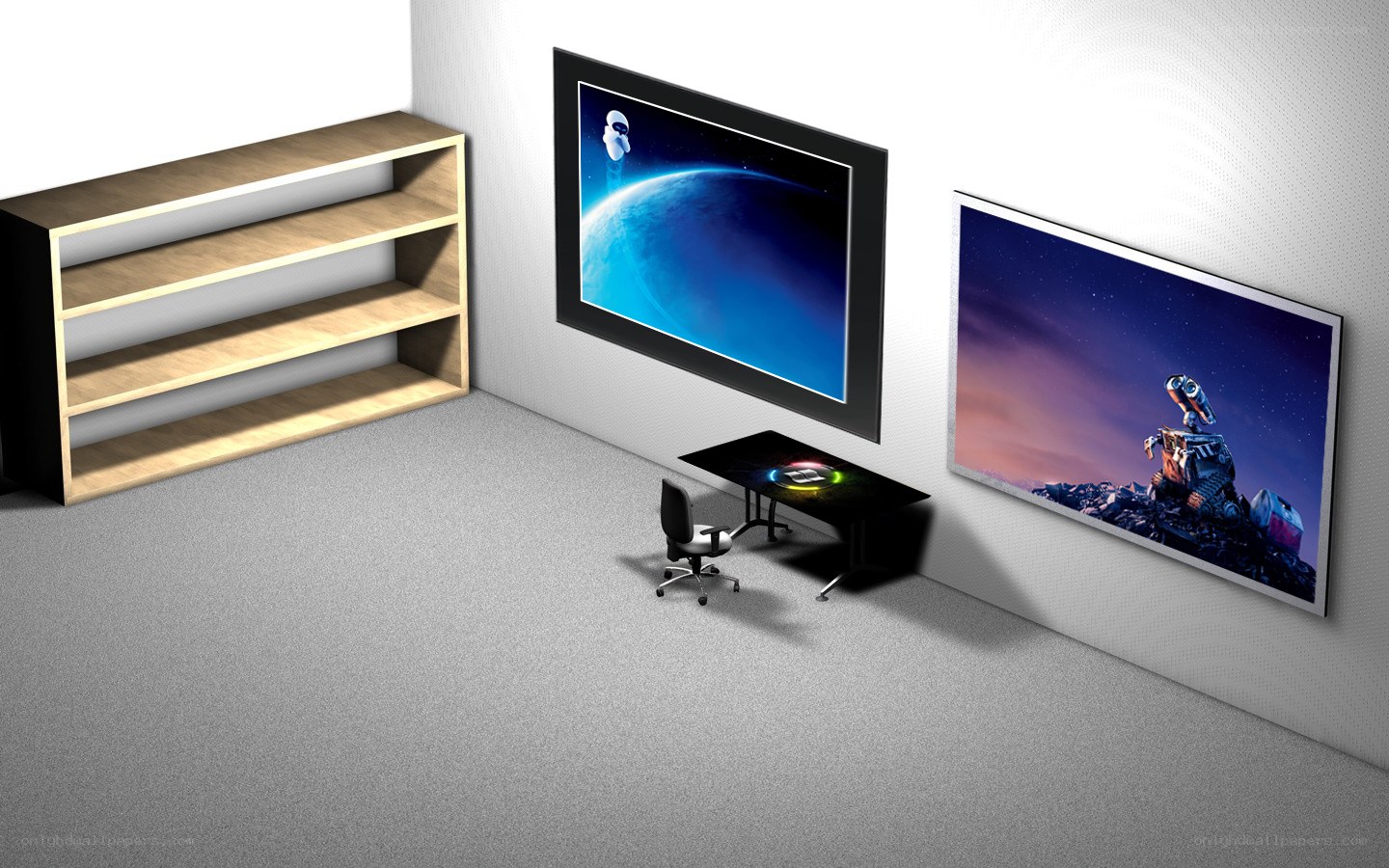 Wall-mounted screens in a room
