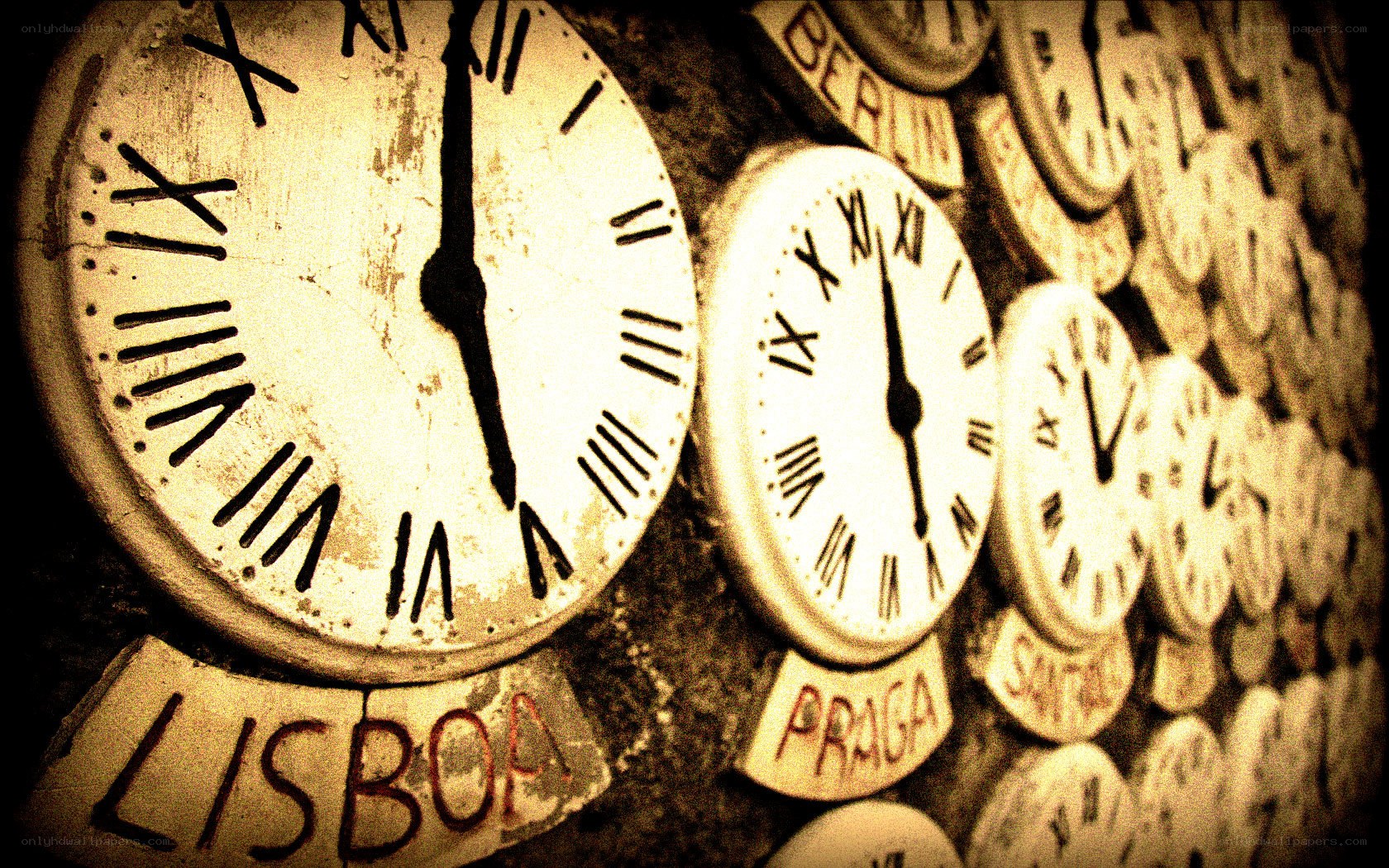 wall of clocks from different cities