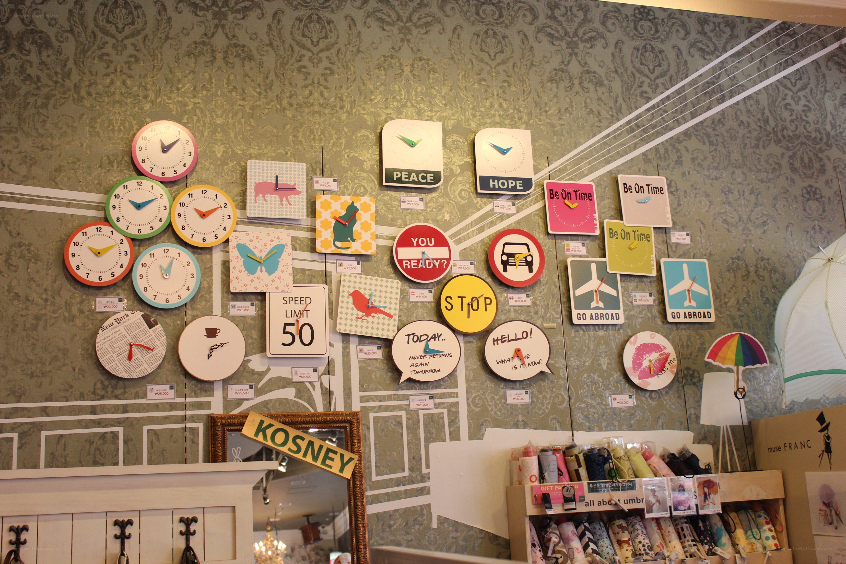 Wall of decorative clocks