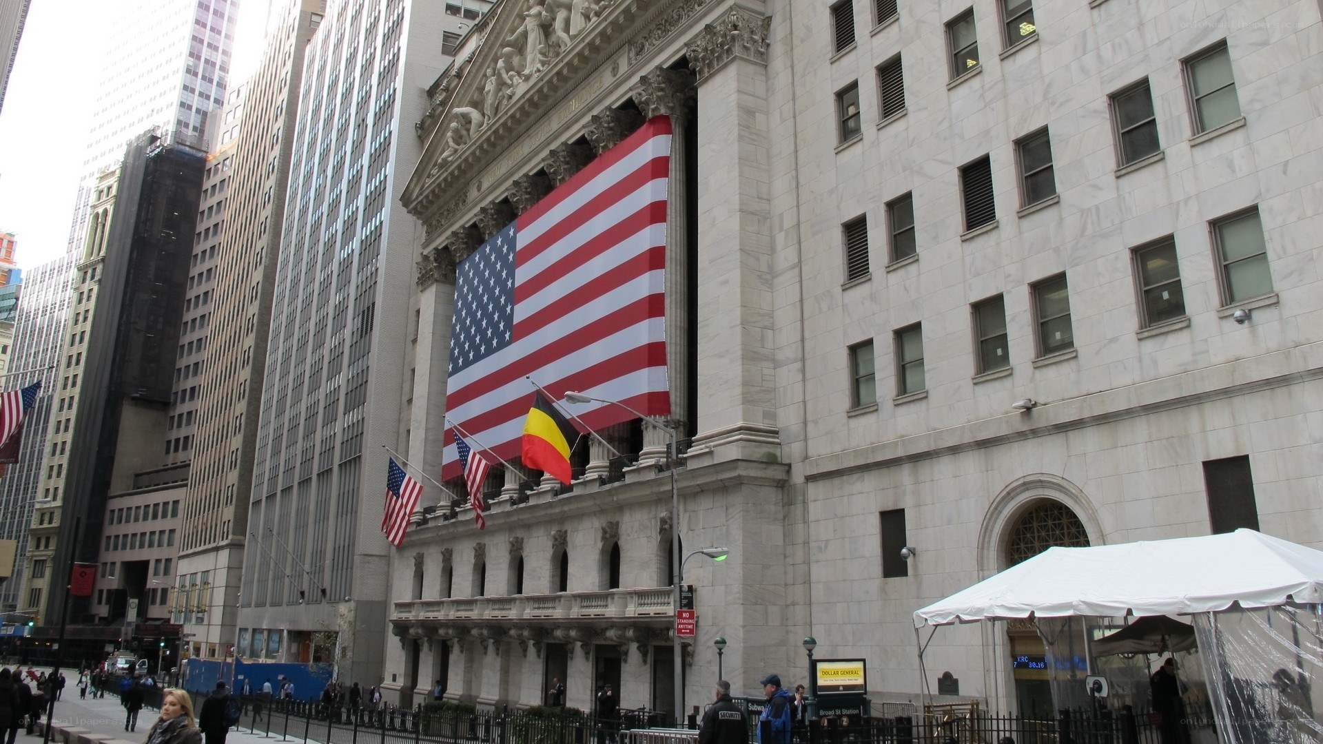 Wall Street with American flag