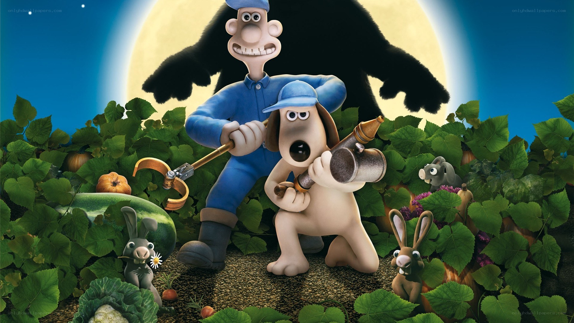 Wallace and Gromit in a garden