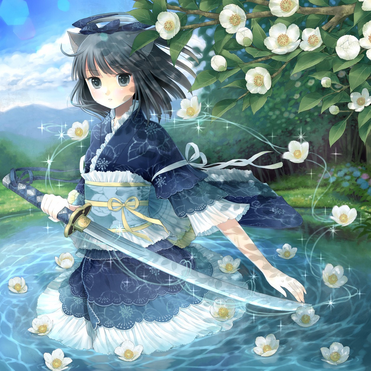 Blossoming blade. Девушки в кимоно и с синими волосами.
