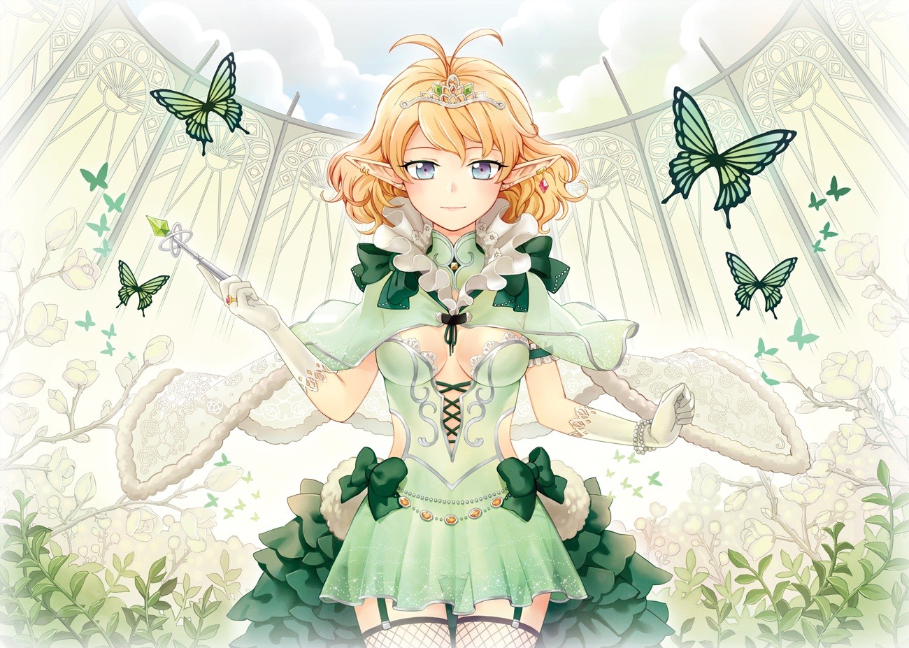 Эльфийка аниме в зеленом платье
