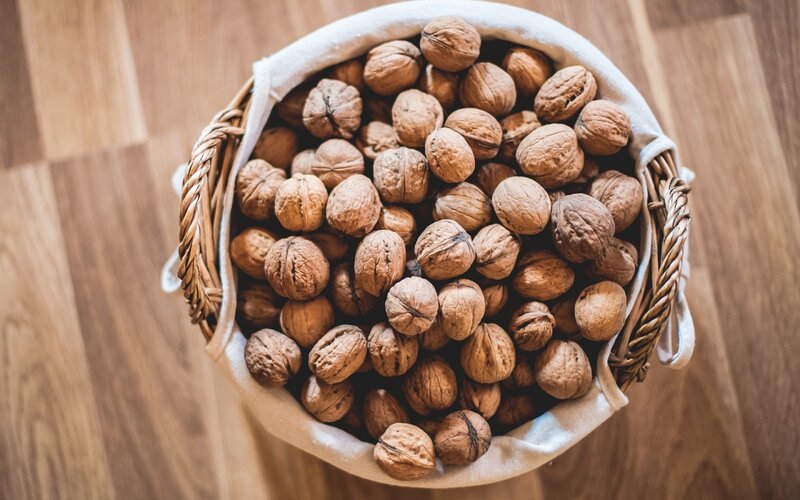 Walnuts in a Basket — Brown, Calm, Photograph