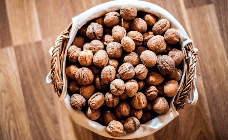 Walnuts in a Basket — Brown, Calm, Photograph, Wooden Floor