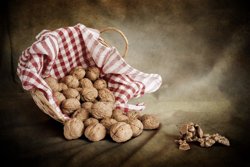 Walnuts in a Basket — Brown, Dramatic