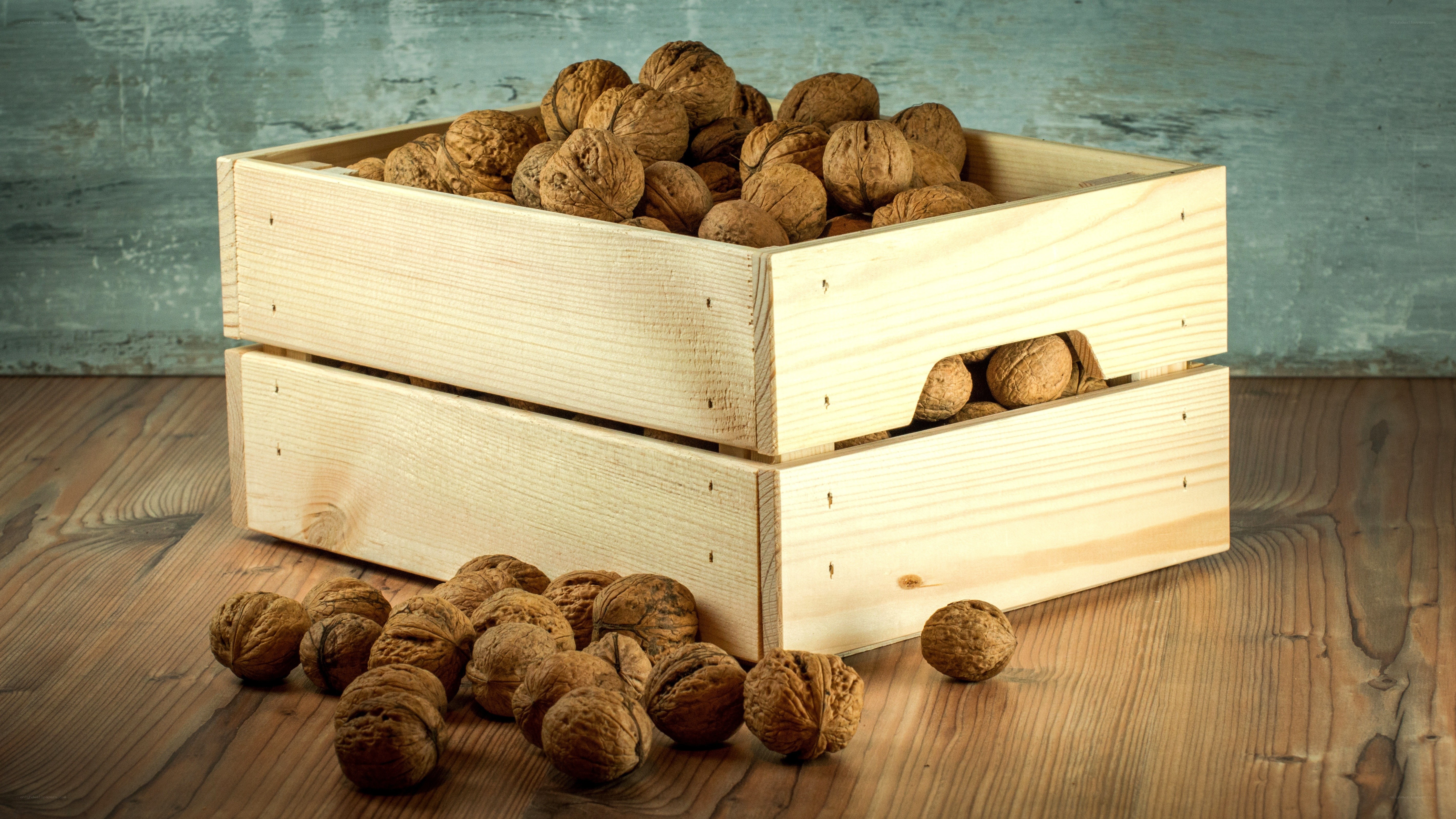walnuts in wooden crate