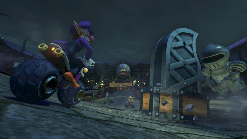 Waluigi racing on a monster truck