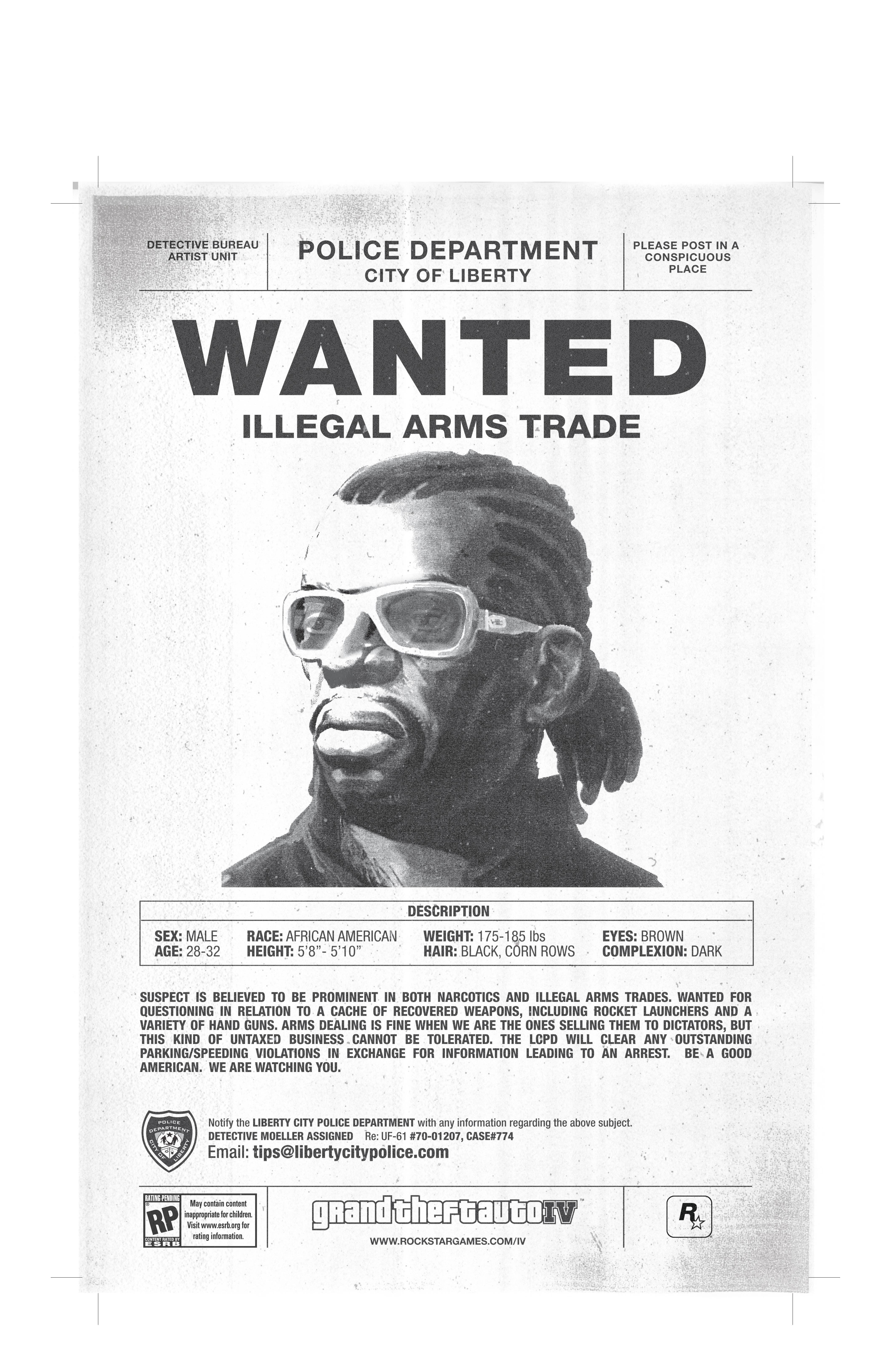 Wanted poster for illegal arms trade