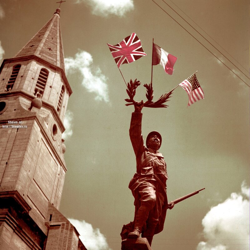 War memorial with allied flags