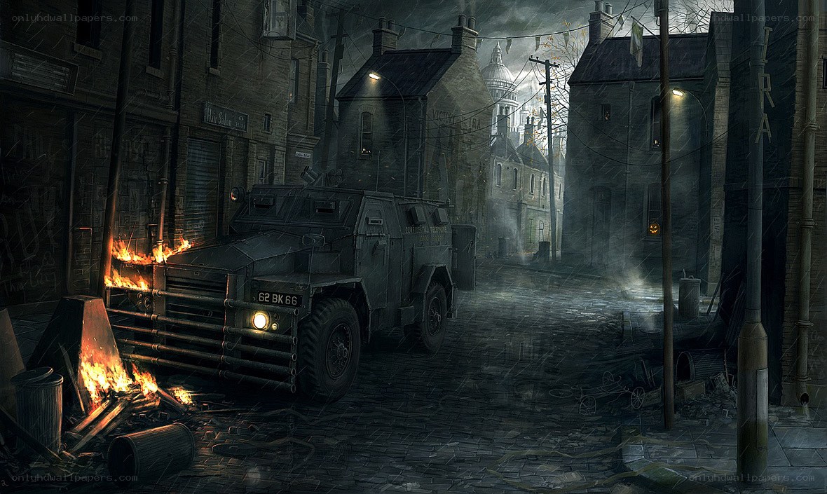 War-torn city street at night