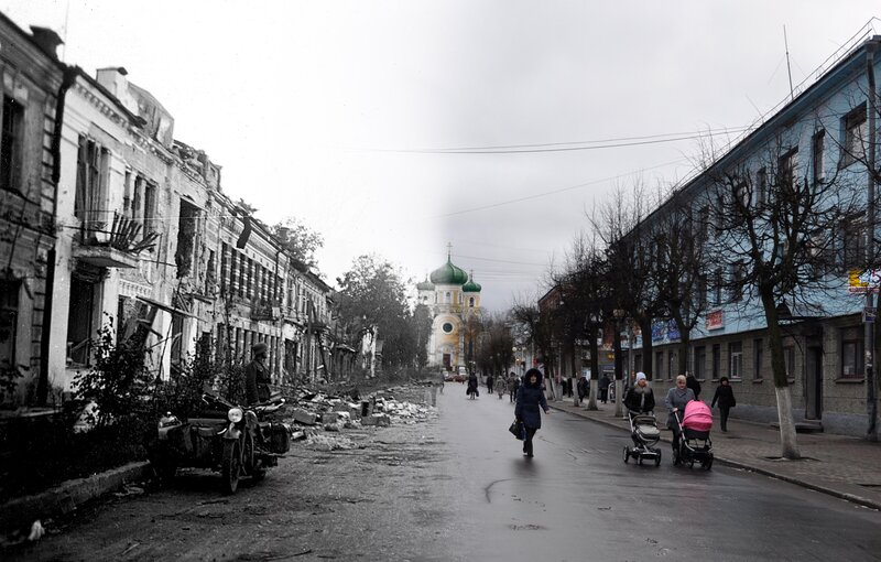War-torn city street with church