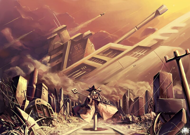 War-torn city with a girl
