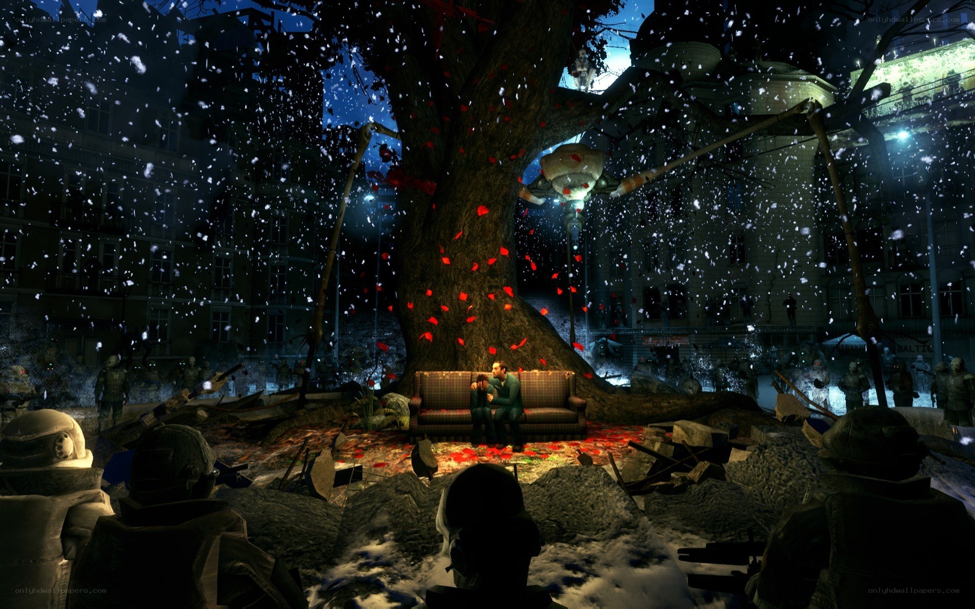 War-torn city with couple on bench