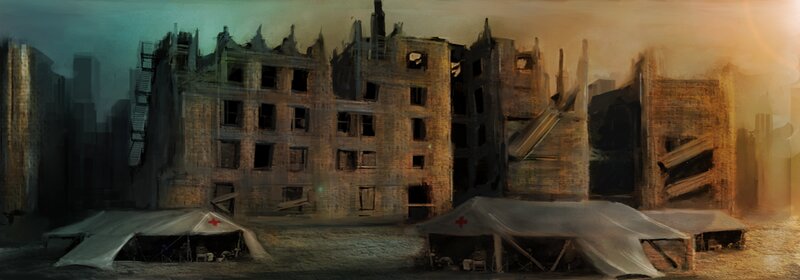 War-torn city with medical tents