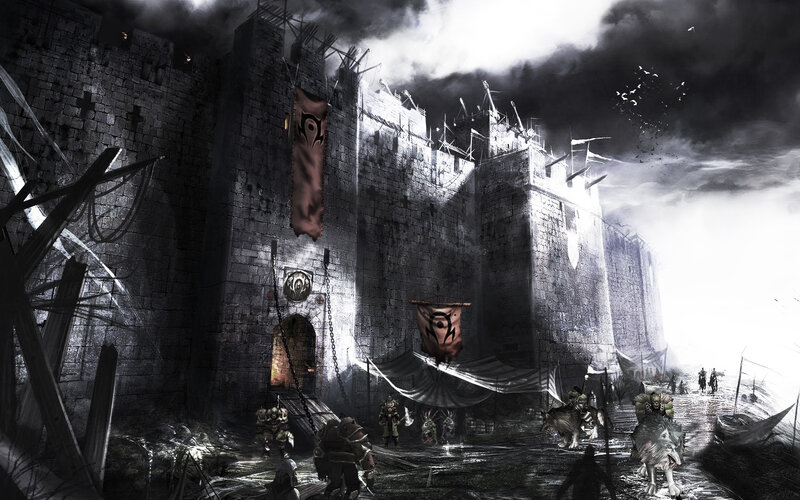 War-torn fortress under stormy sky