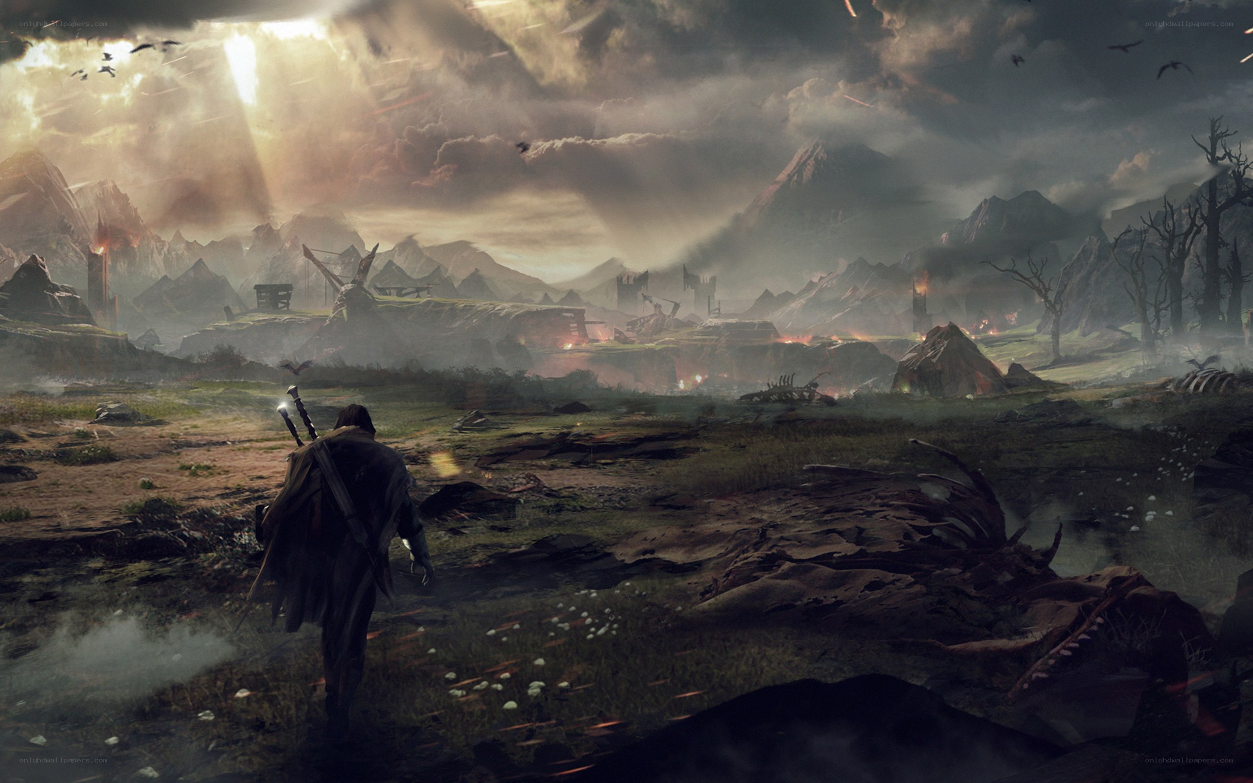 War-torn landscape with lone traveler
