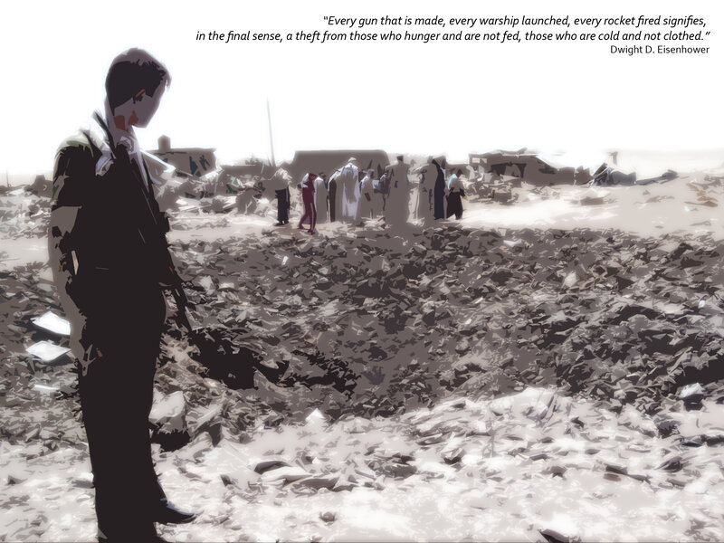 War-torn landscape with quote