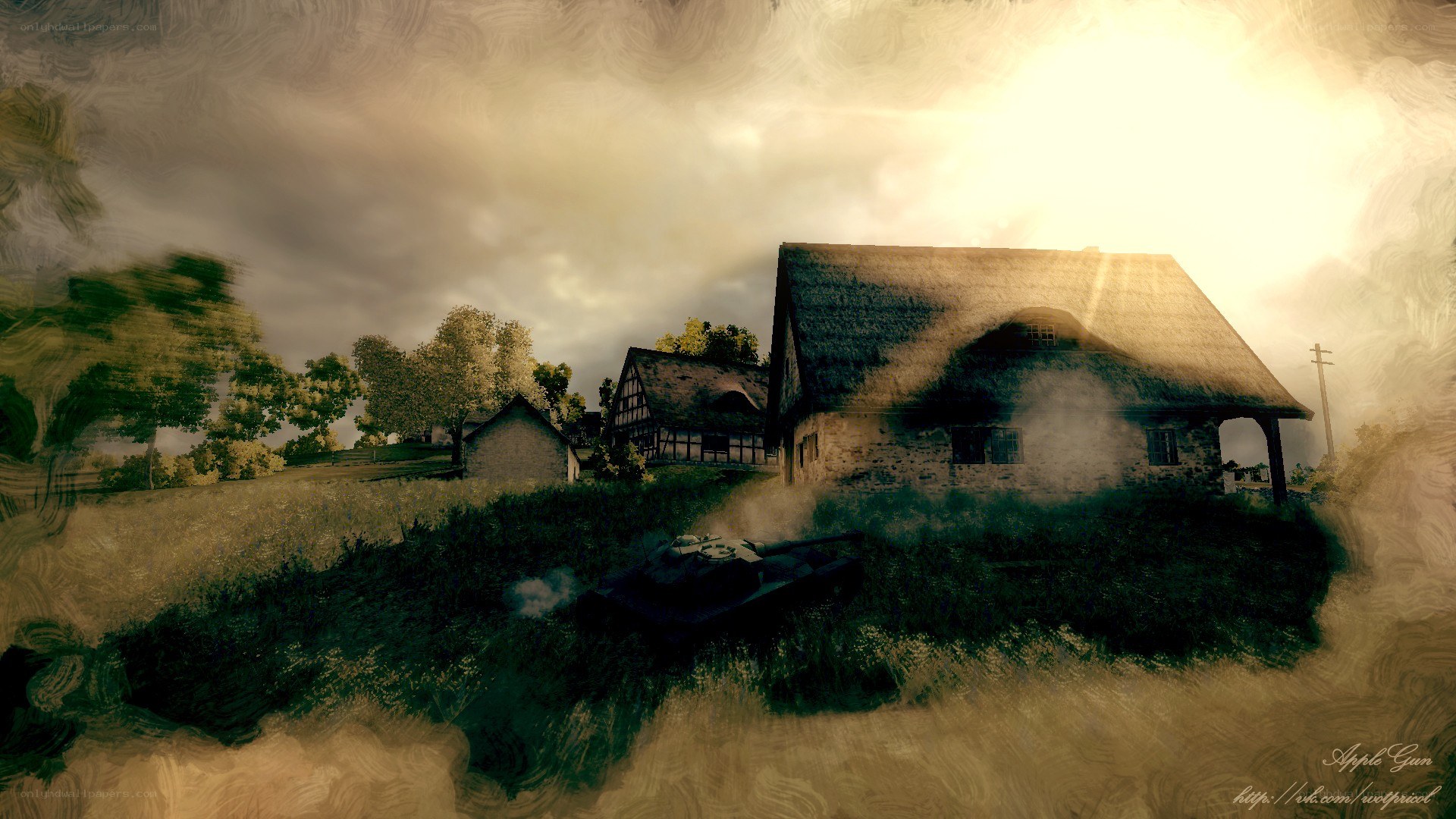 War-torn village at sunset