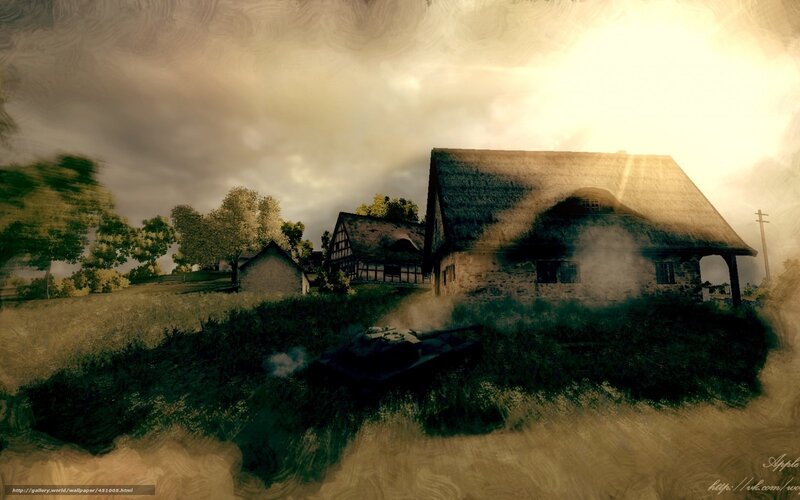 War-torn village at sunset