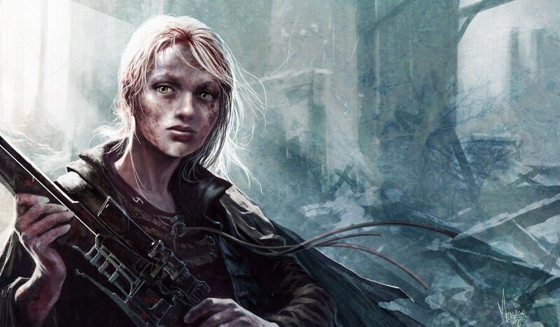 war-torn woman with rifle
