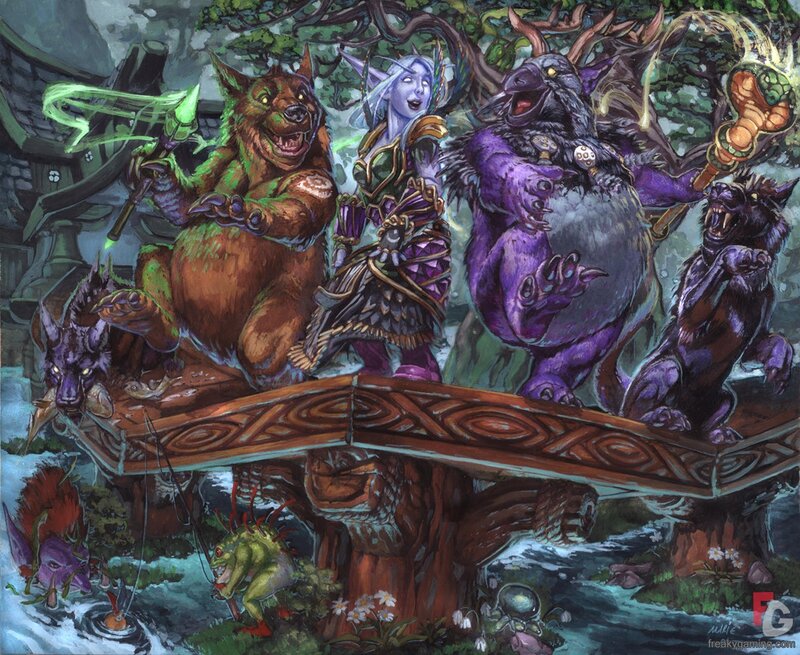 Warcraft characters on a bridge