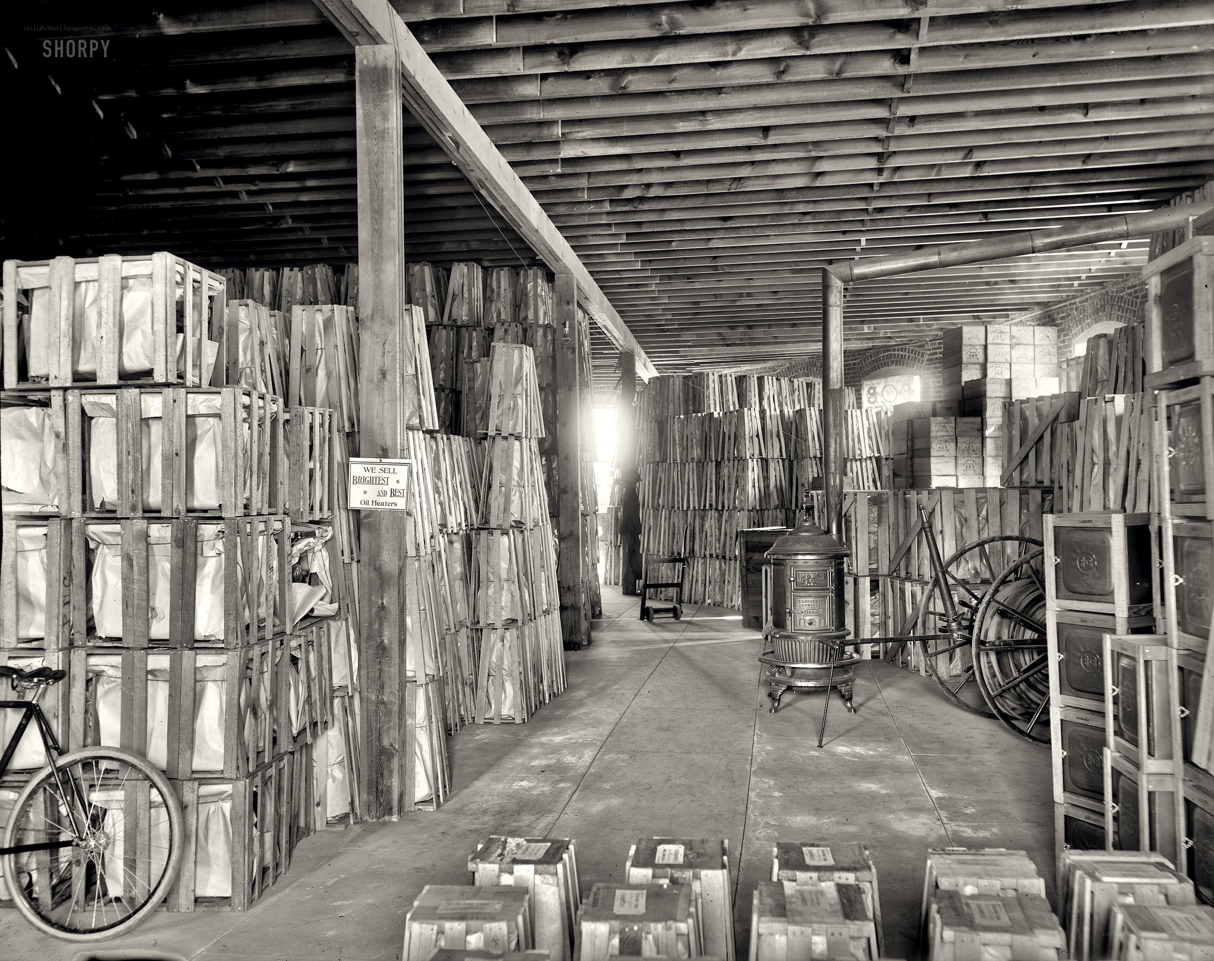Warehouse with crates and stove