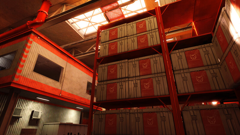 warehouse with red crates