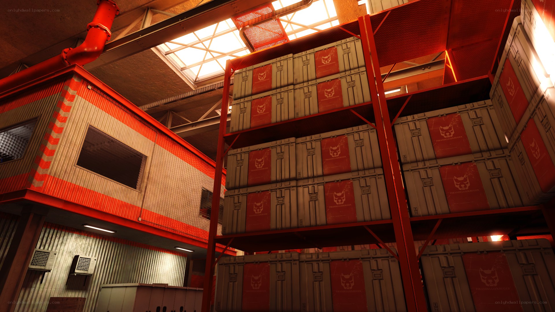 warehouse with red crates