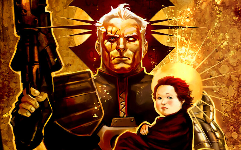 Warhammer 40k art with soldier and child