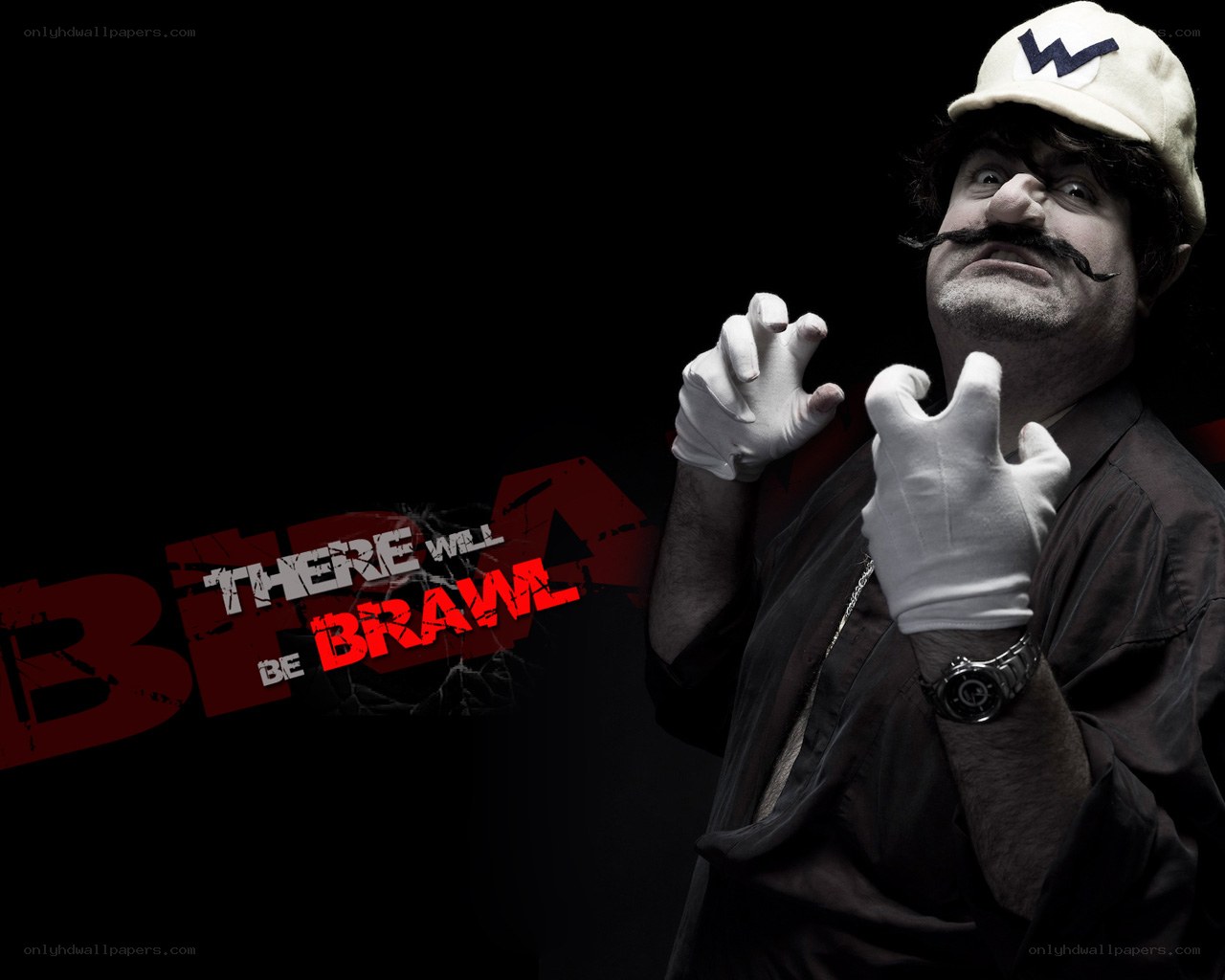Wario cosplay with brawl text