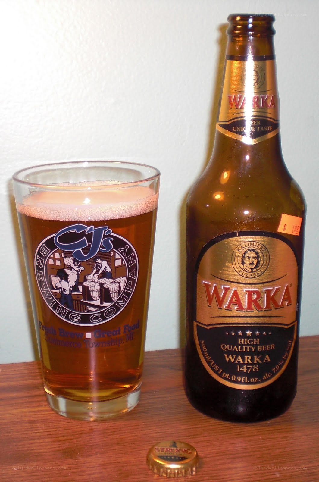 Warka beer bottle and glass