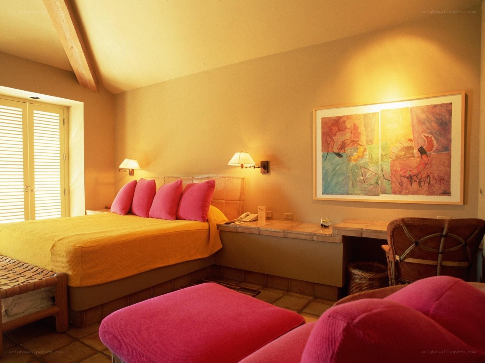 Warm hotel room with colorful decor