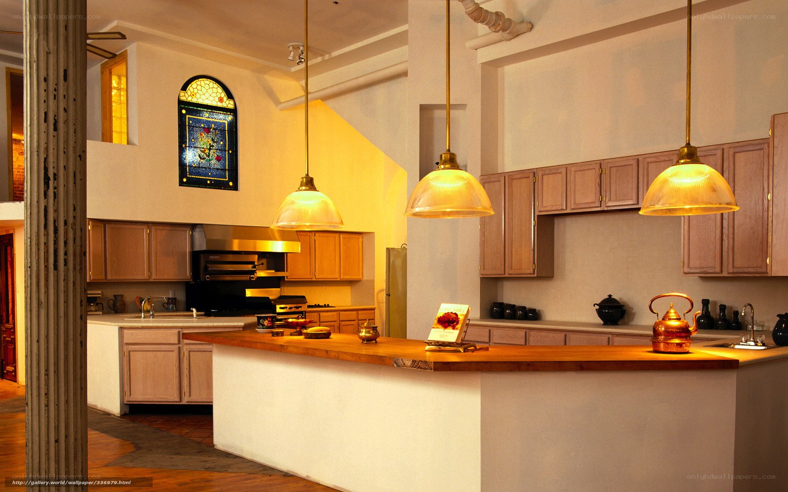 Warm kitchen with stained glass