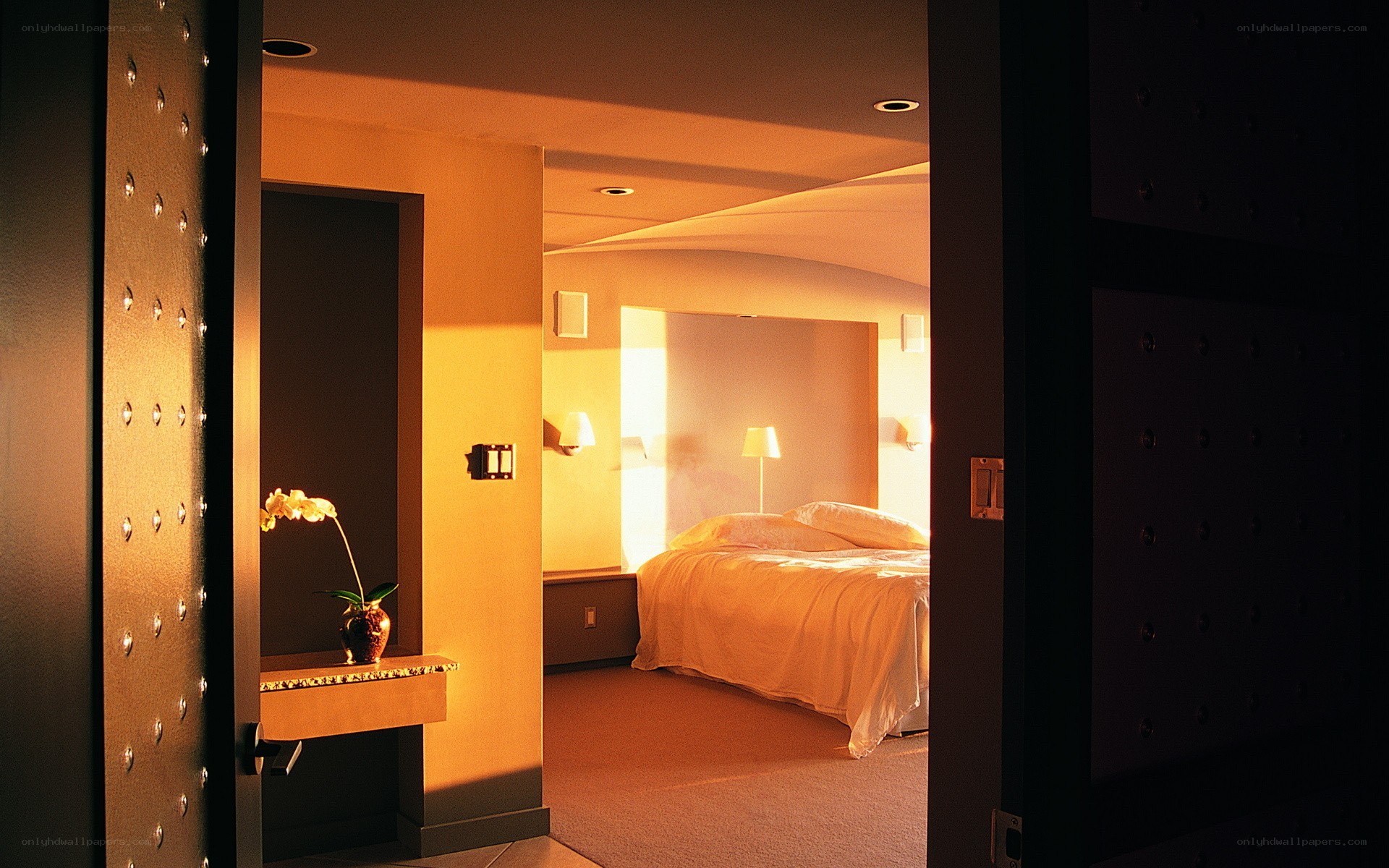 Warm-lit hotel room interior