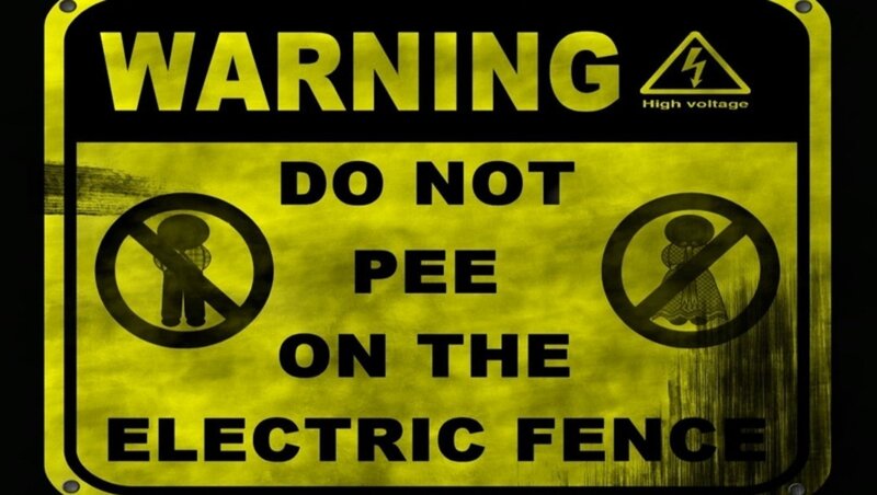 Warning sign: do not pee on electric fence