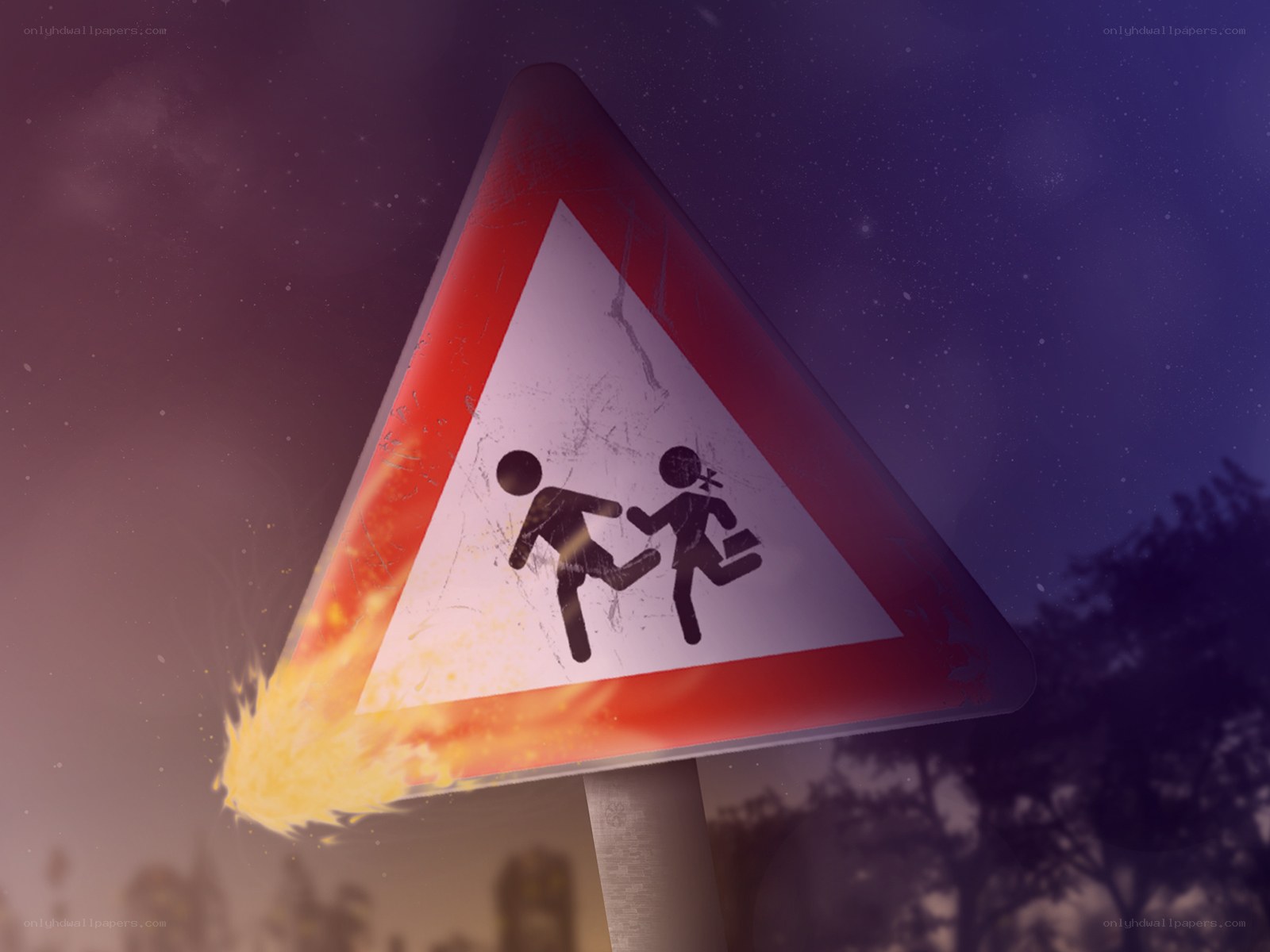 Warning sign with children fighting