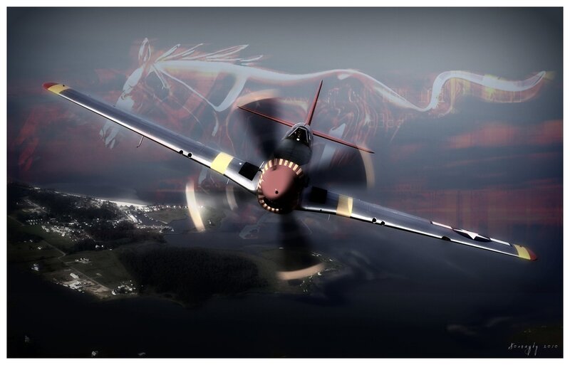 Warplane in flight over landscape