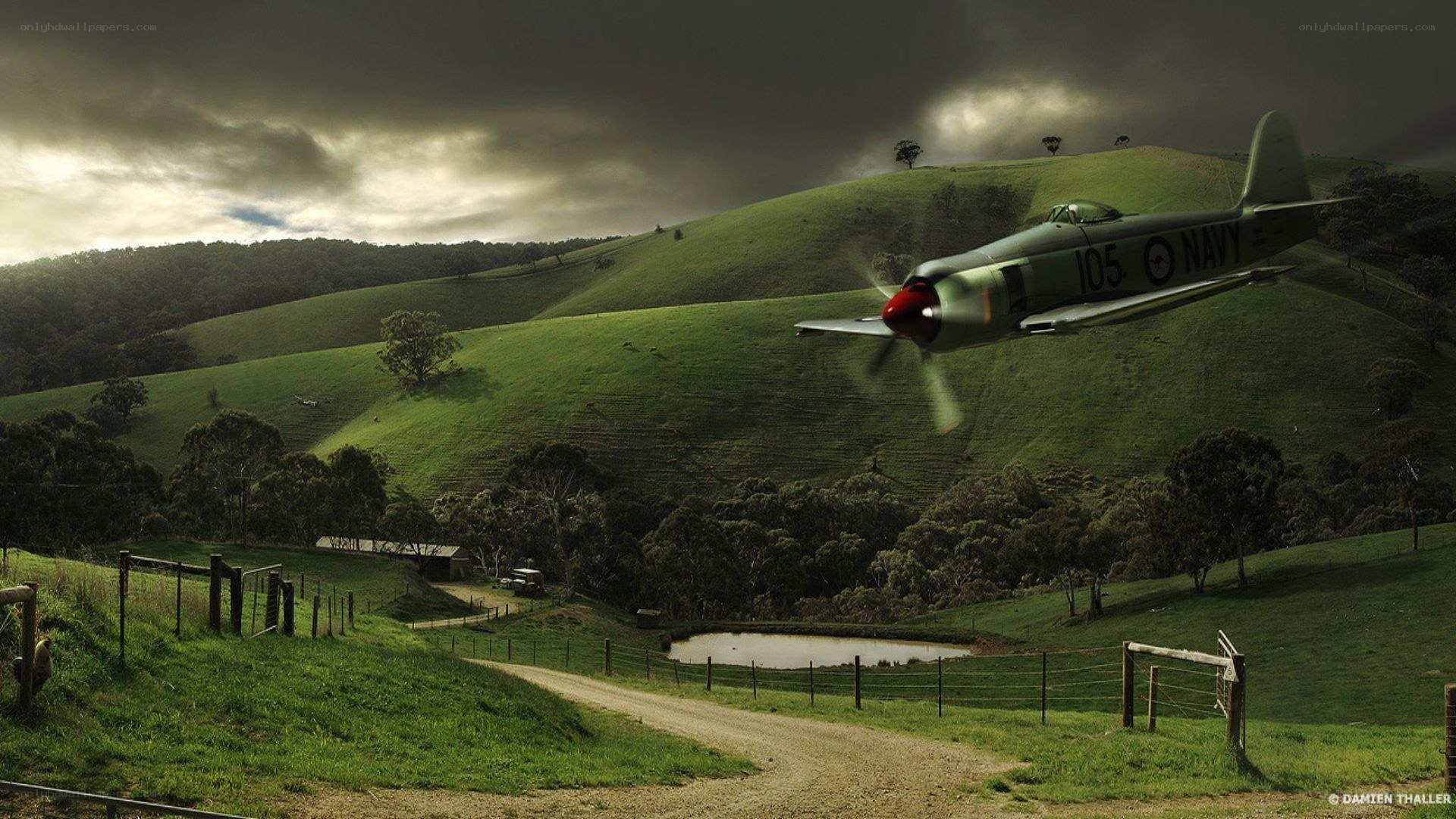 Warplane over green hills