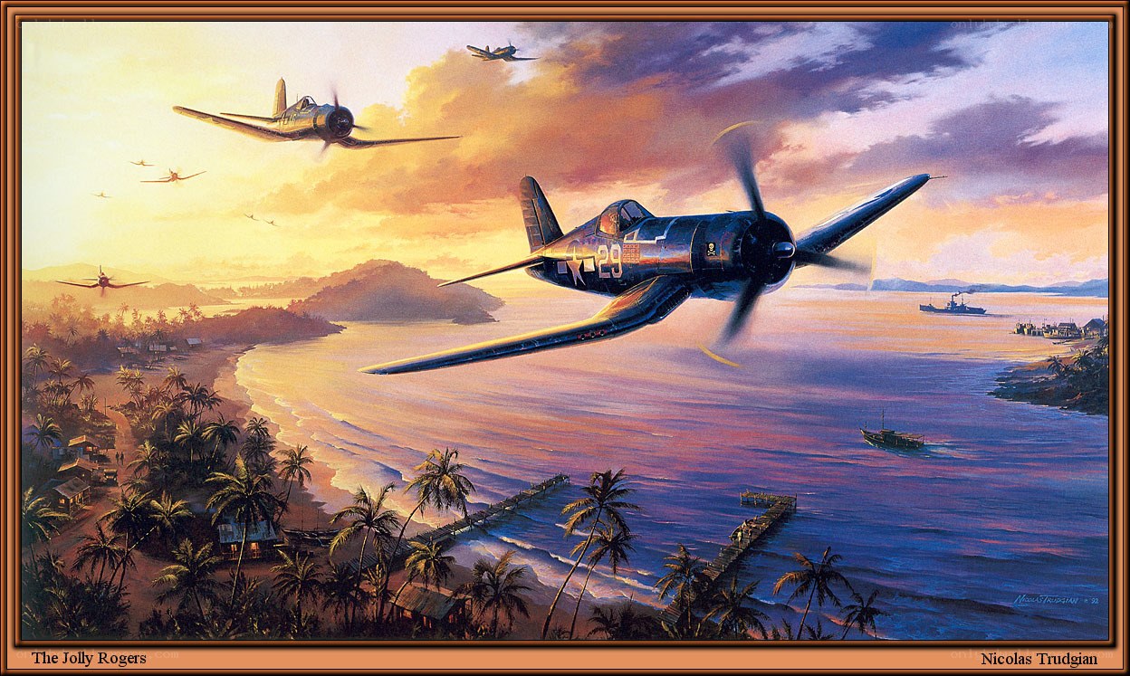 Warplanes over a tropical island
